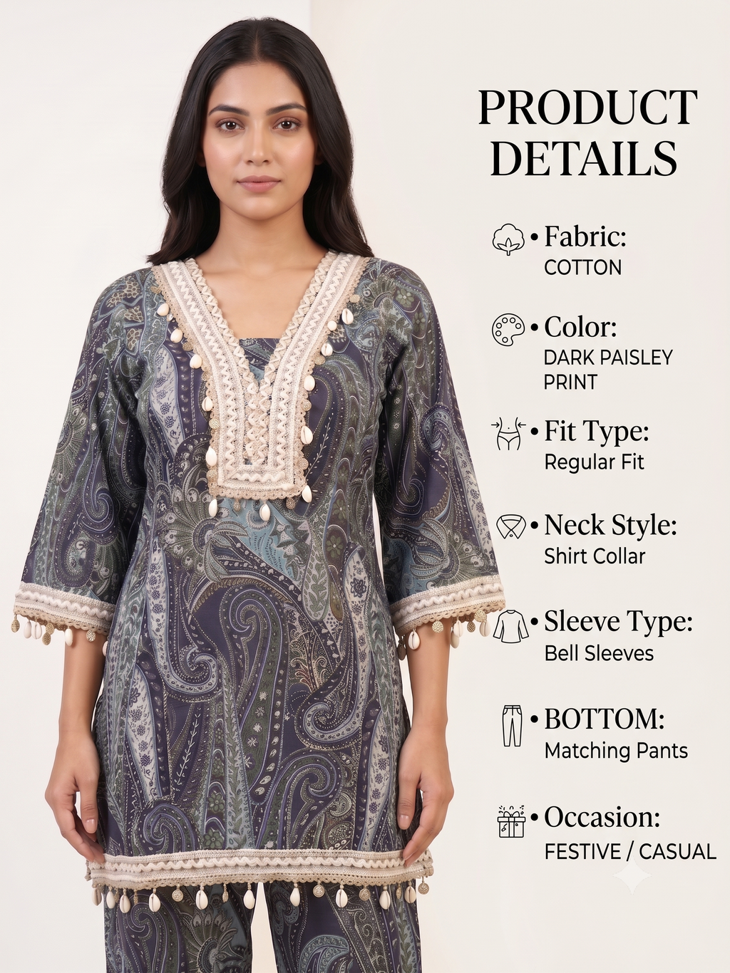 PREMIUM Luxurious Dark Paisley Cotton Co-ord Set with Shell & Lace Embellishments