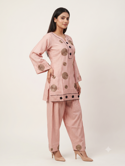 Elegant Cream Cotton Silk Ethnic Co-ord Set with Dark Brown Spiral Embroidery