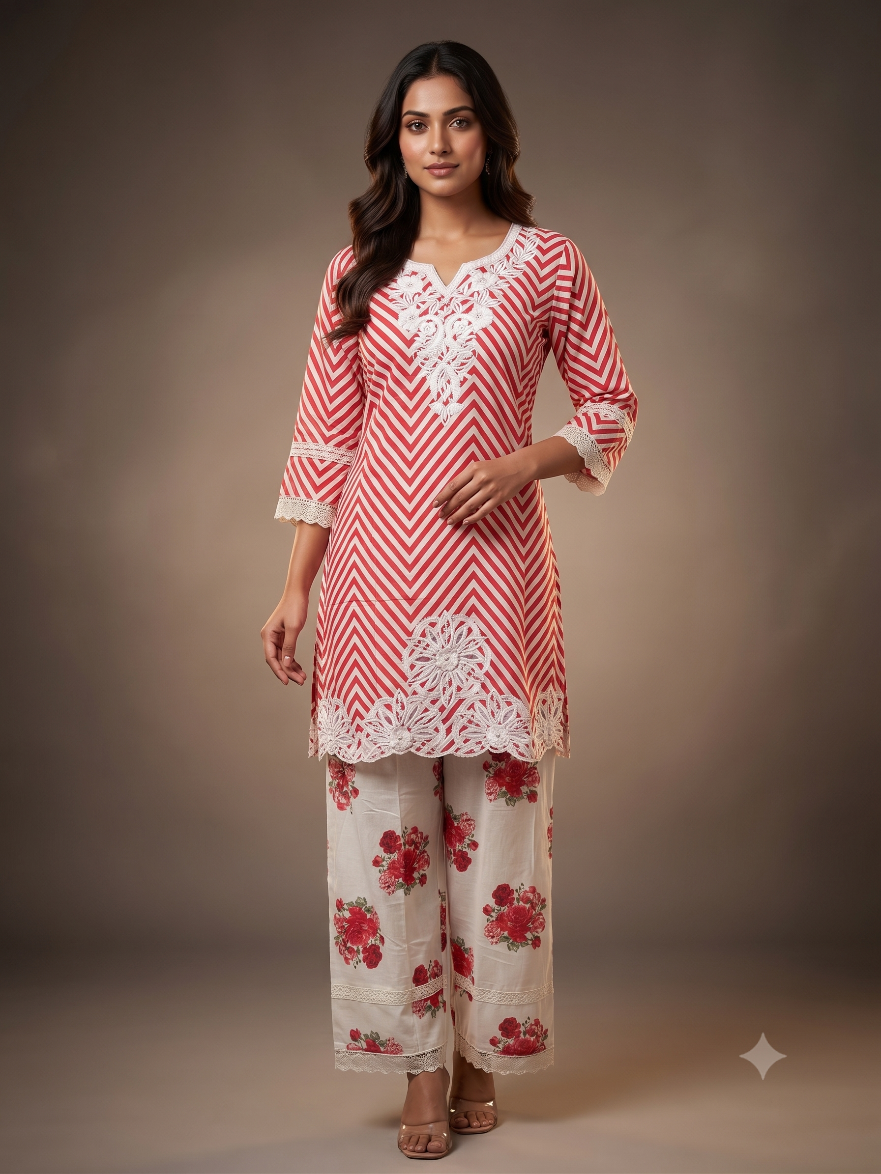 Red & Ivory Chevron Embroidered Kurti Set with Floral Palazzo