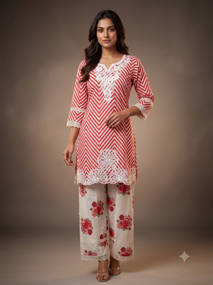 Red & Ivory Chevron Embroidered Kurti Set with Floral Palazzo