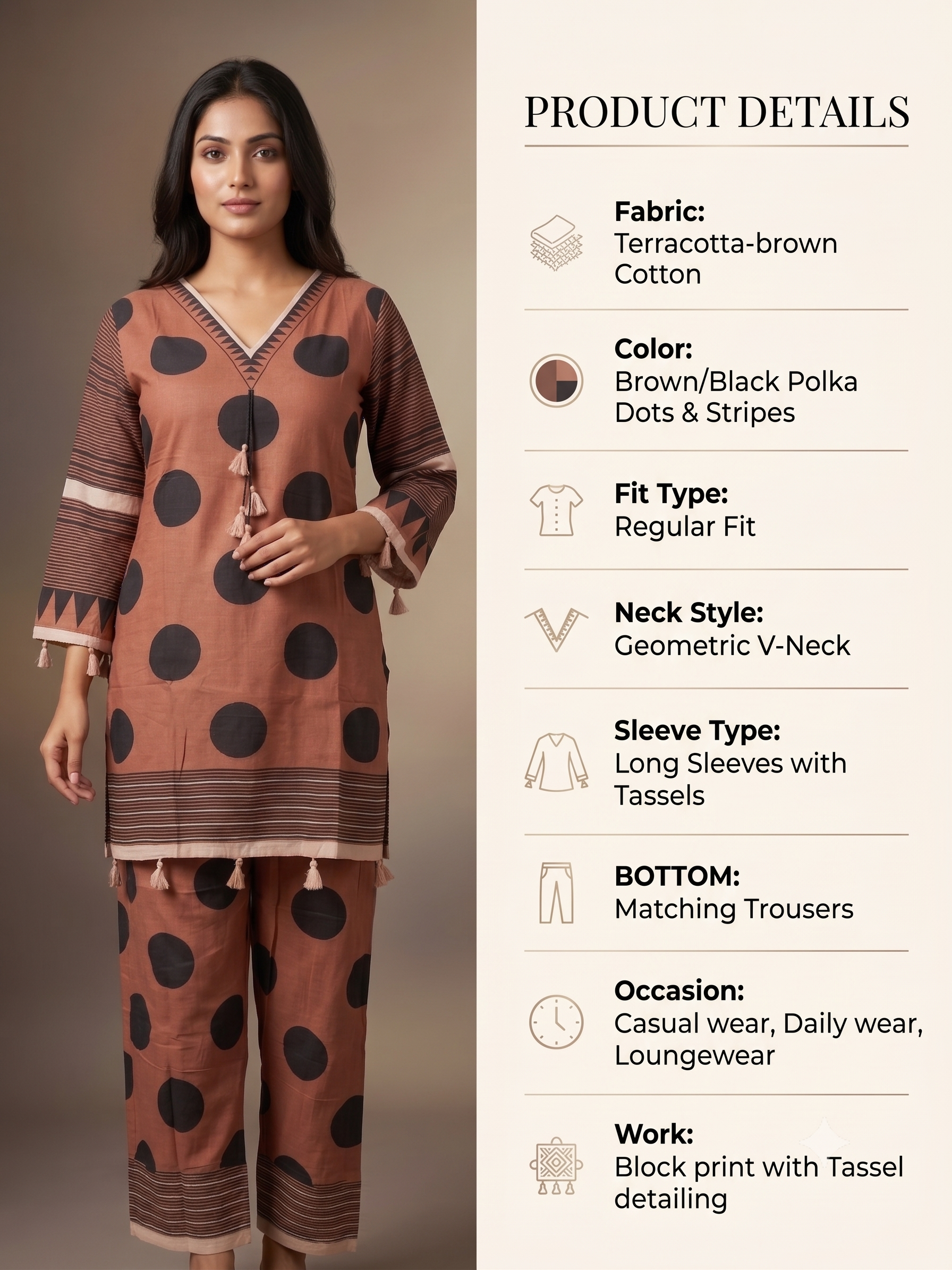 Terracotta Brown Polka Dot & Geometric Striped Kurta Set with Tassel Accents
