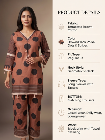 Terracotta Brown Polka Dot & Geometric Striped Kurta Set with Tassel Accents