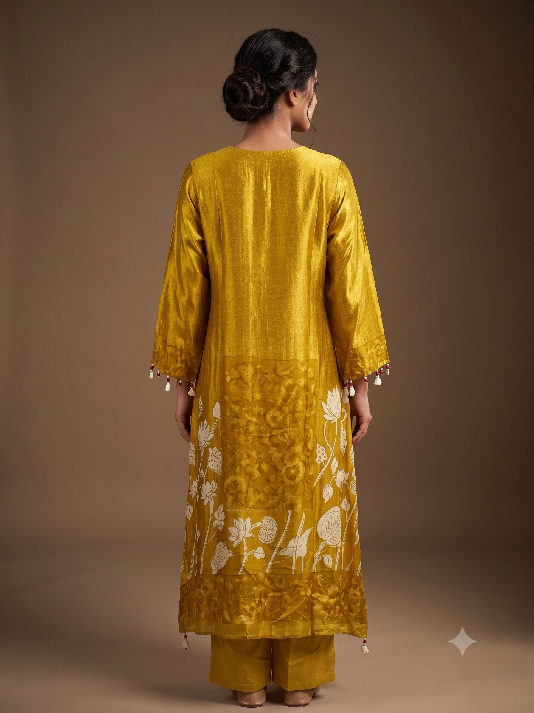 Royal Mustard Gold Silk Lotus Print & Sequined Kurta Set