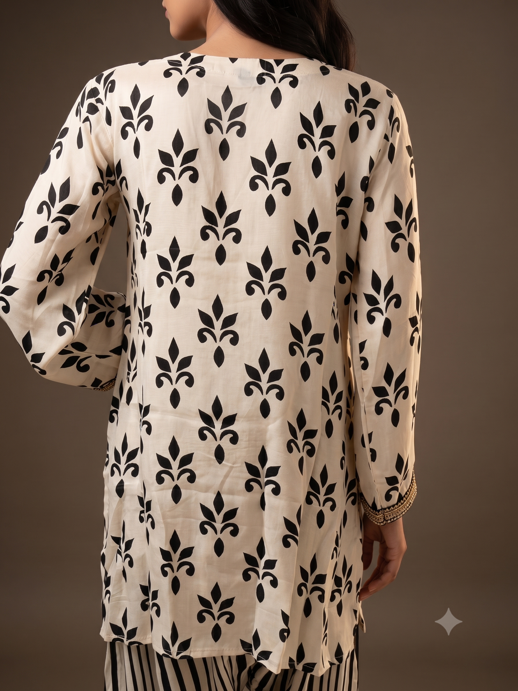 Royal Cream Floral & Striped Ethnic Co-Ord Set with Embroidered V-Neckline
