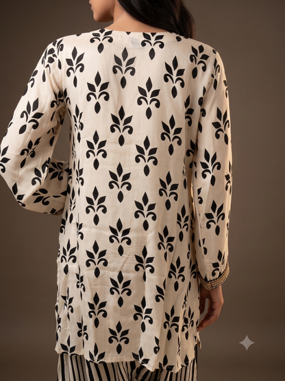 Royal Cream Floral & Striped Ethnic Co-Ord Set with Embroidered V-Neckline