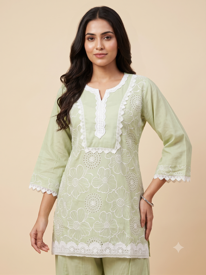 Light Pistachio Green Floral Embroidery Ethnic Co-Ord Set