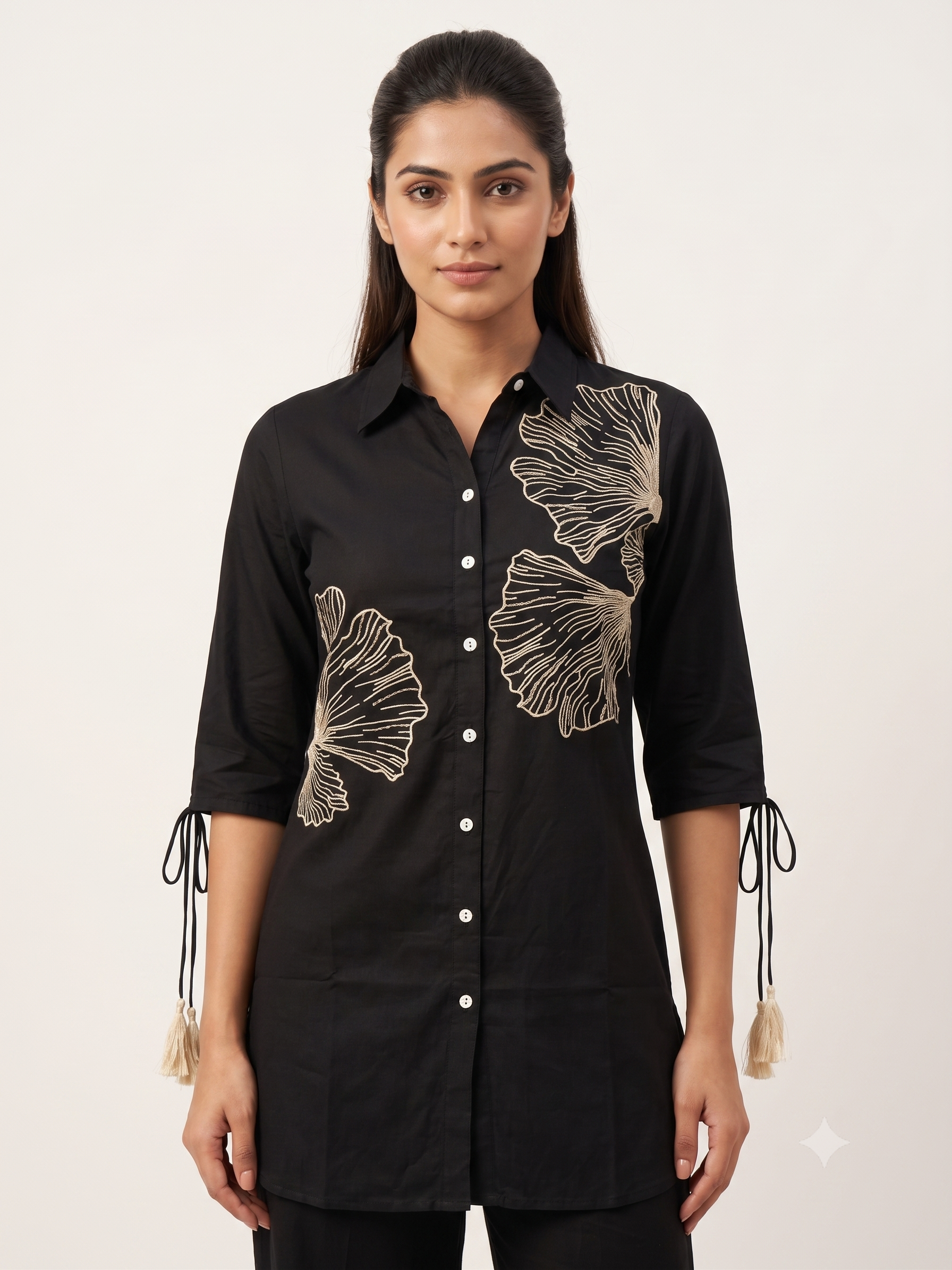 Chic Black Co-ord Set with Golden Floral Embroidery