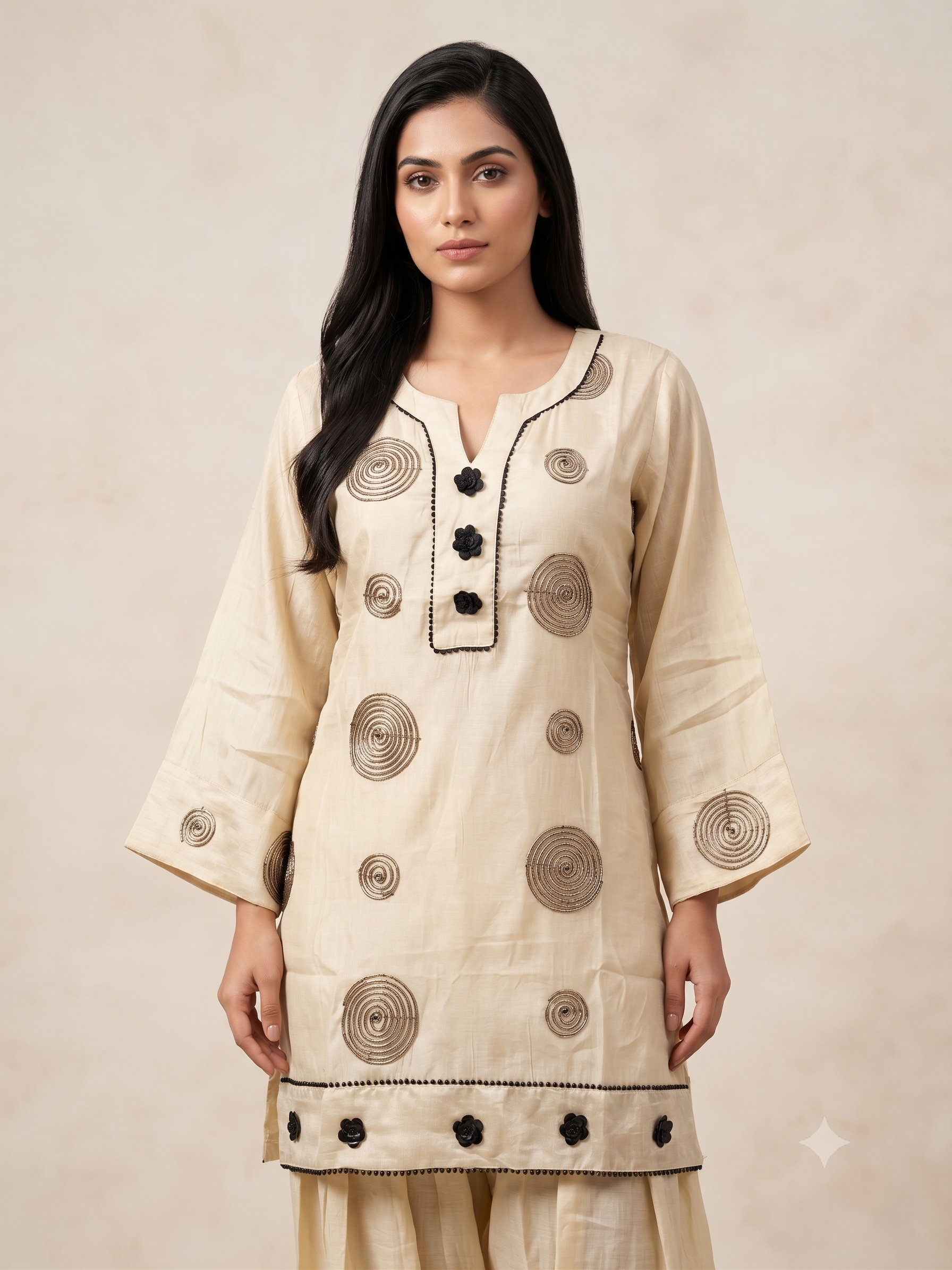 Elegant Cream Cotton Silk Ethnic Co-ord Set with Dark Brown Spiral Embroidery