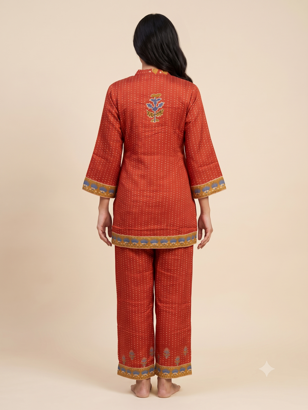 Rust Red Printed Satin Ethnic Co-Ord Set with Mandar/Shirt Collar