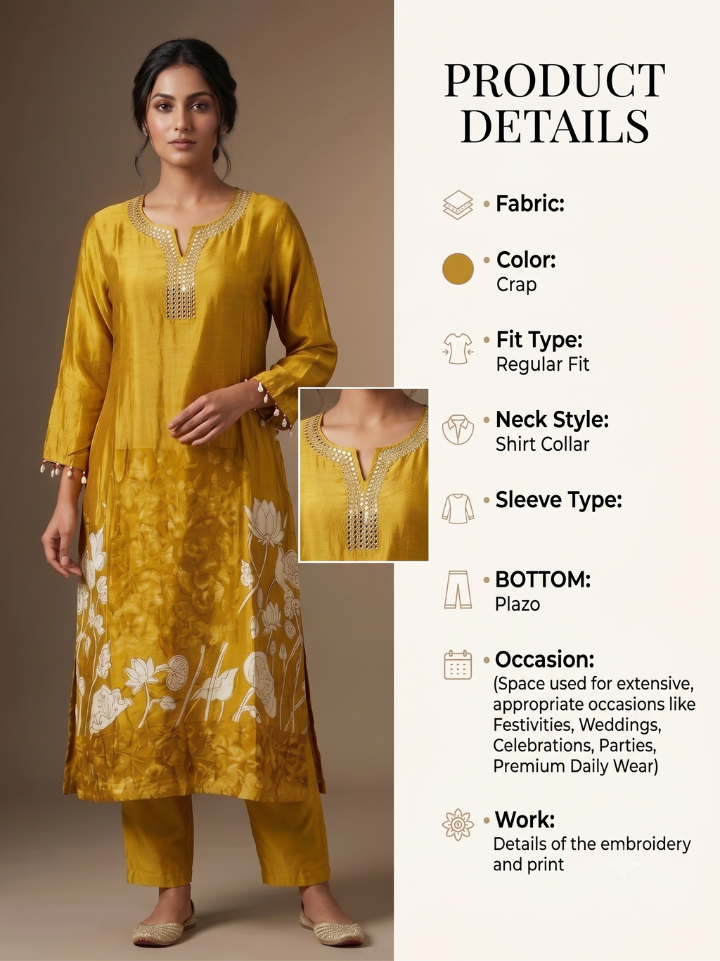 Royal Mustard Gold Silk Lotus Print & Sequined Kurta Set
