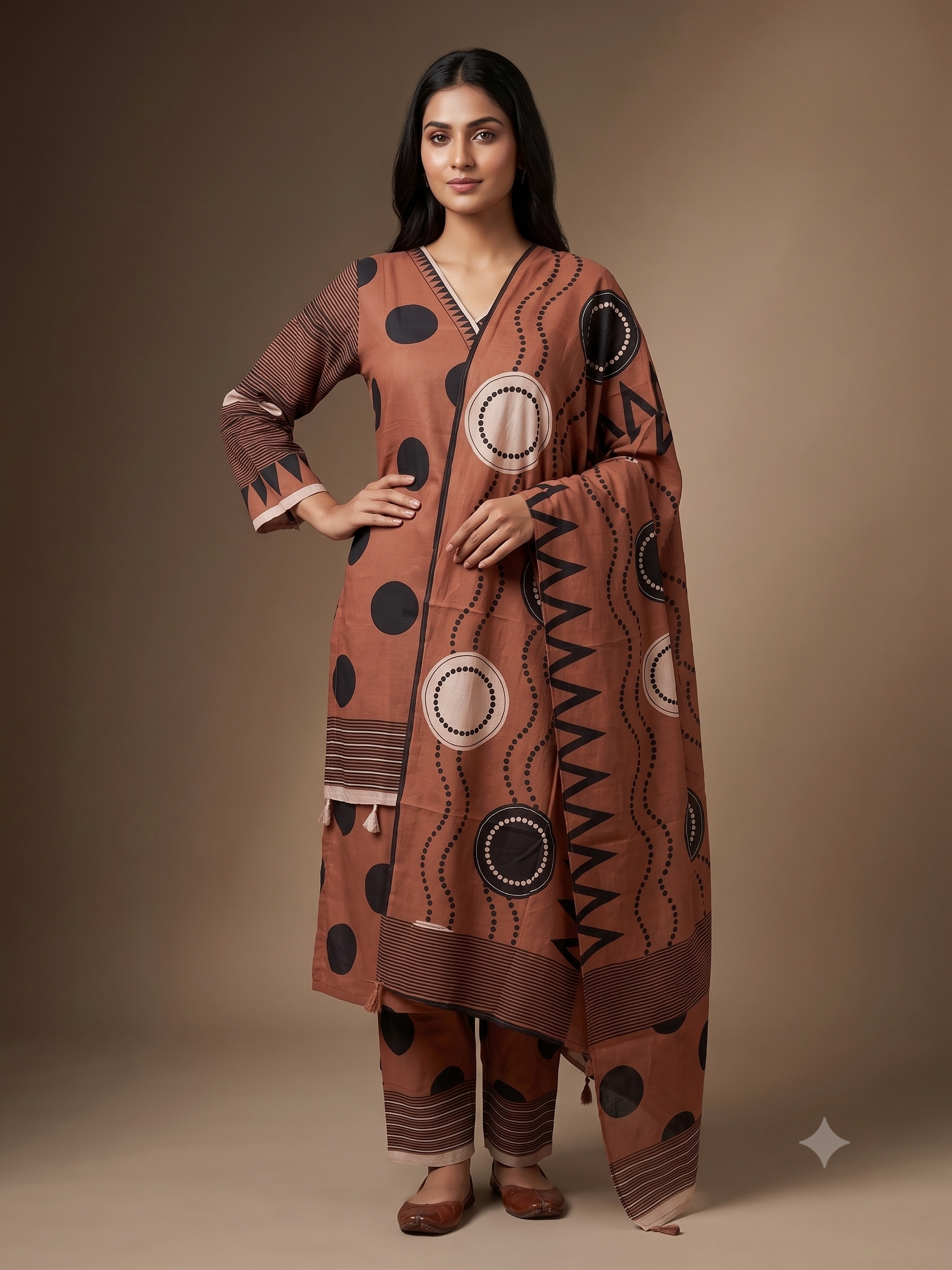 Terracotta Brown Polka Dot & Geometric Striped Kurta Set with Tassel Accents