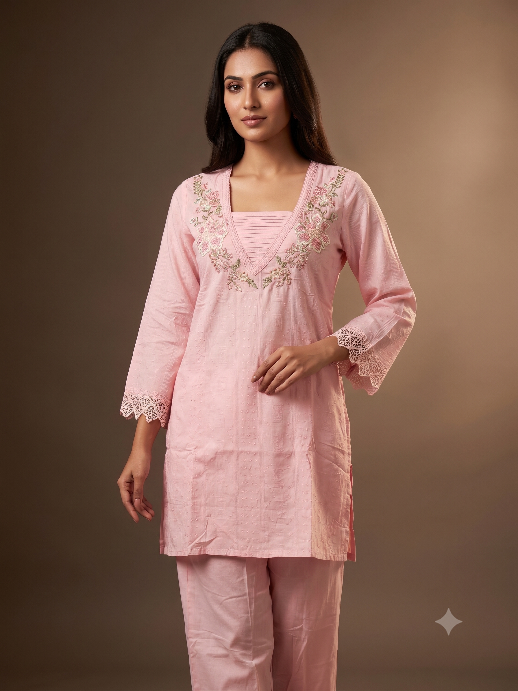 Pink Cotton Blend Embroidered Kurta & Trouser Set with Lace Detailing