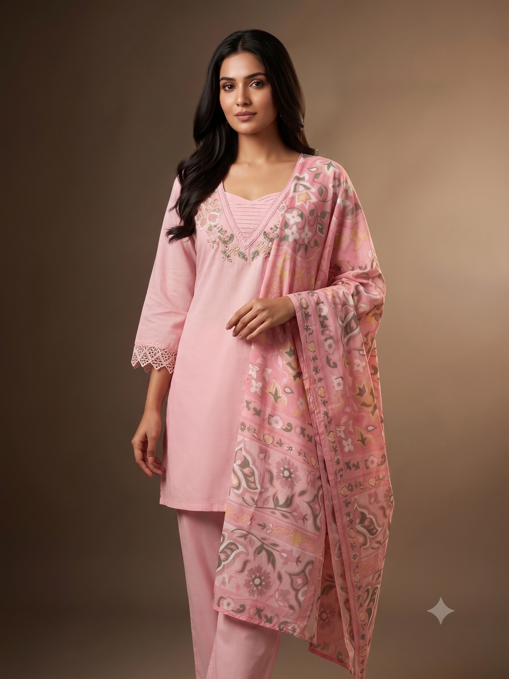 Pink Cotton Blend Embroidered Kurta & Trouser Set with Lace Detailing