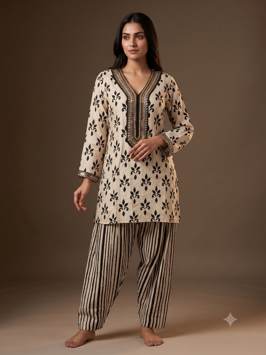 Royal Cream Floral & Striped Ethnic Co-Ord Set with Embroidered V-Neckline