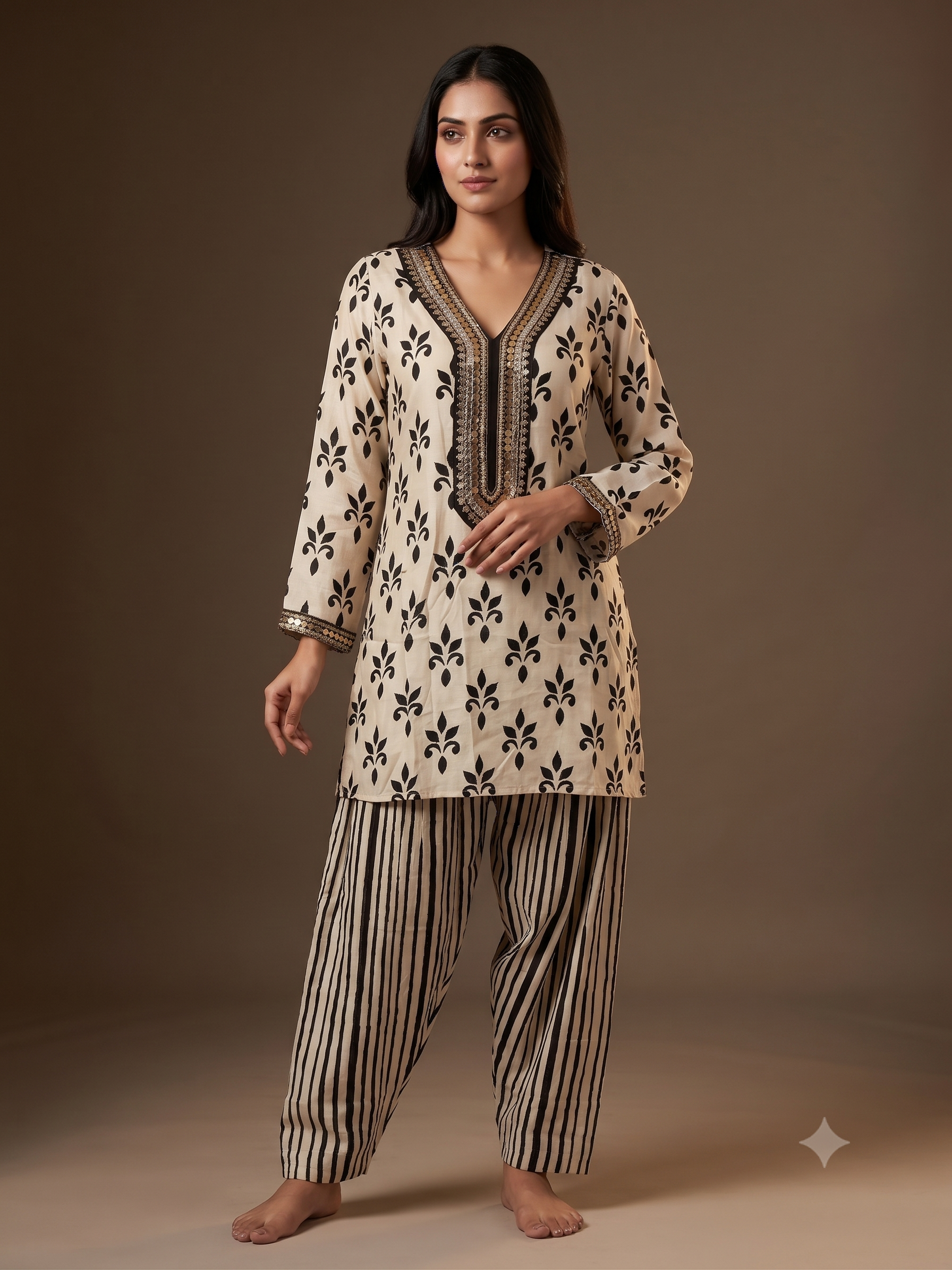 Royal Cream Floral & Striped Ethnic Co-Ord Set with Embroidered V-Neckline