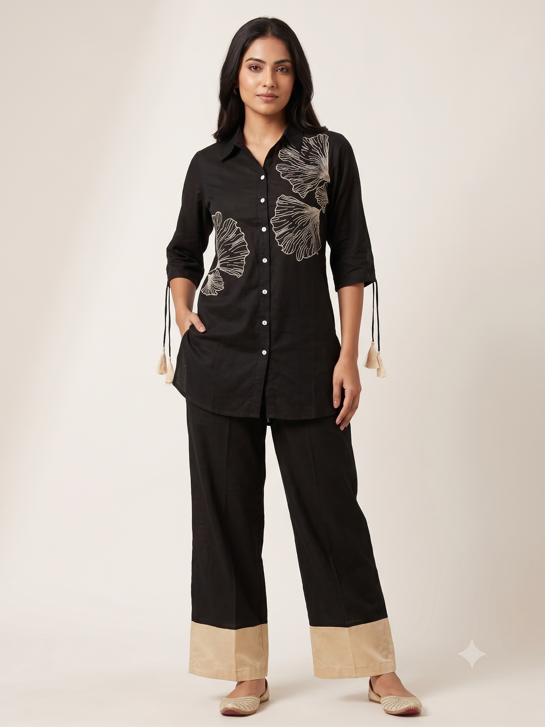 Chic Black Co-ord Set with Golden Floral Embroidery