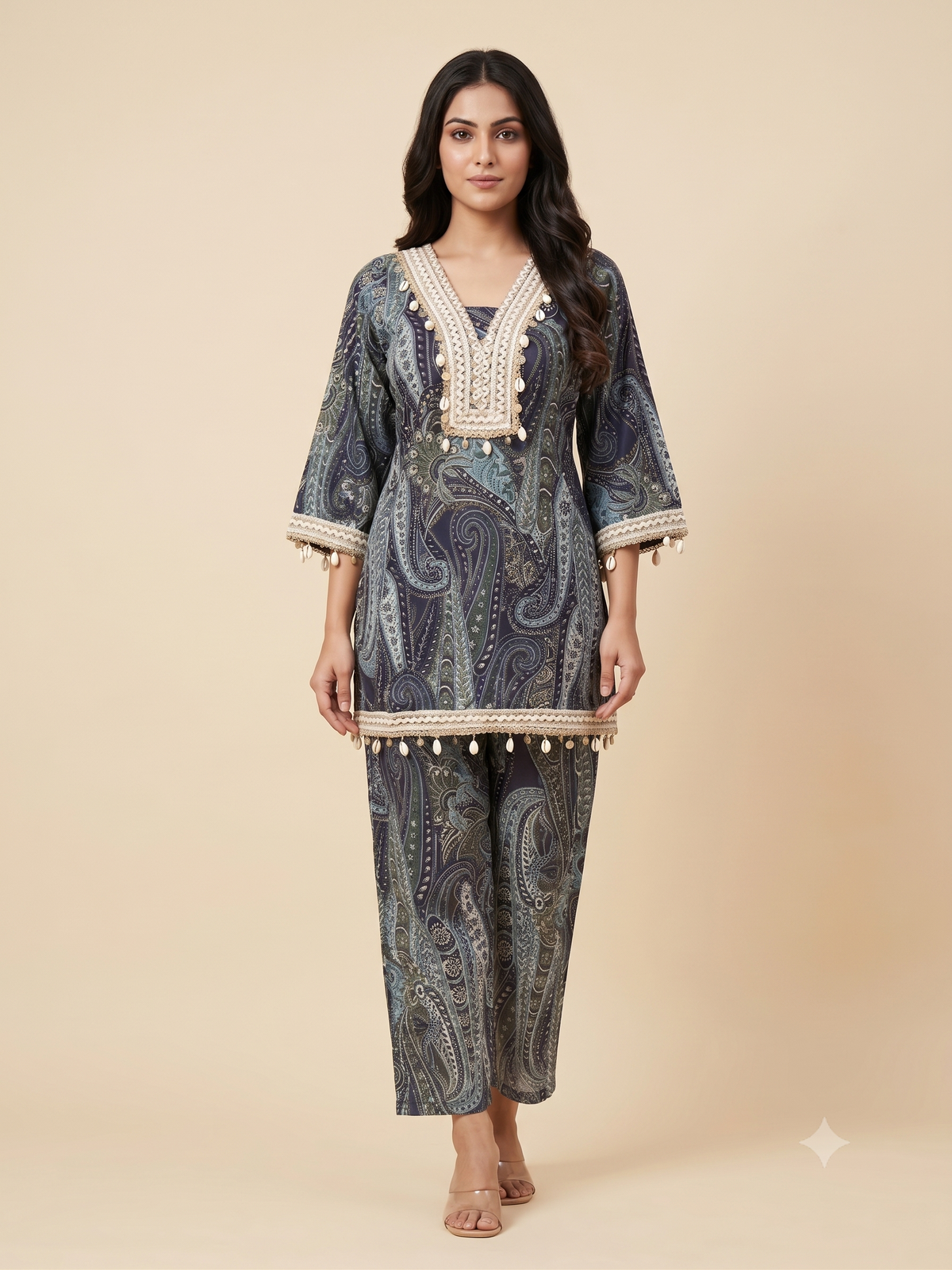PREMIUM Luxurious Dark Paisley Cotton Co-ord Set with Shell & Lace Embellishments