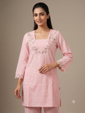 Pink Cotton Blend Embroidered Kurta & Trouser Set with Lace Detailing
