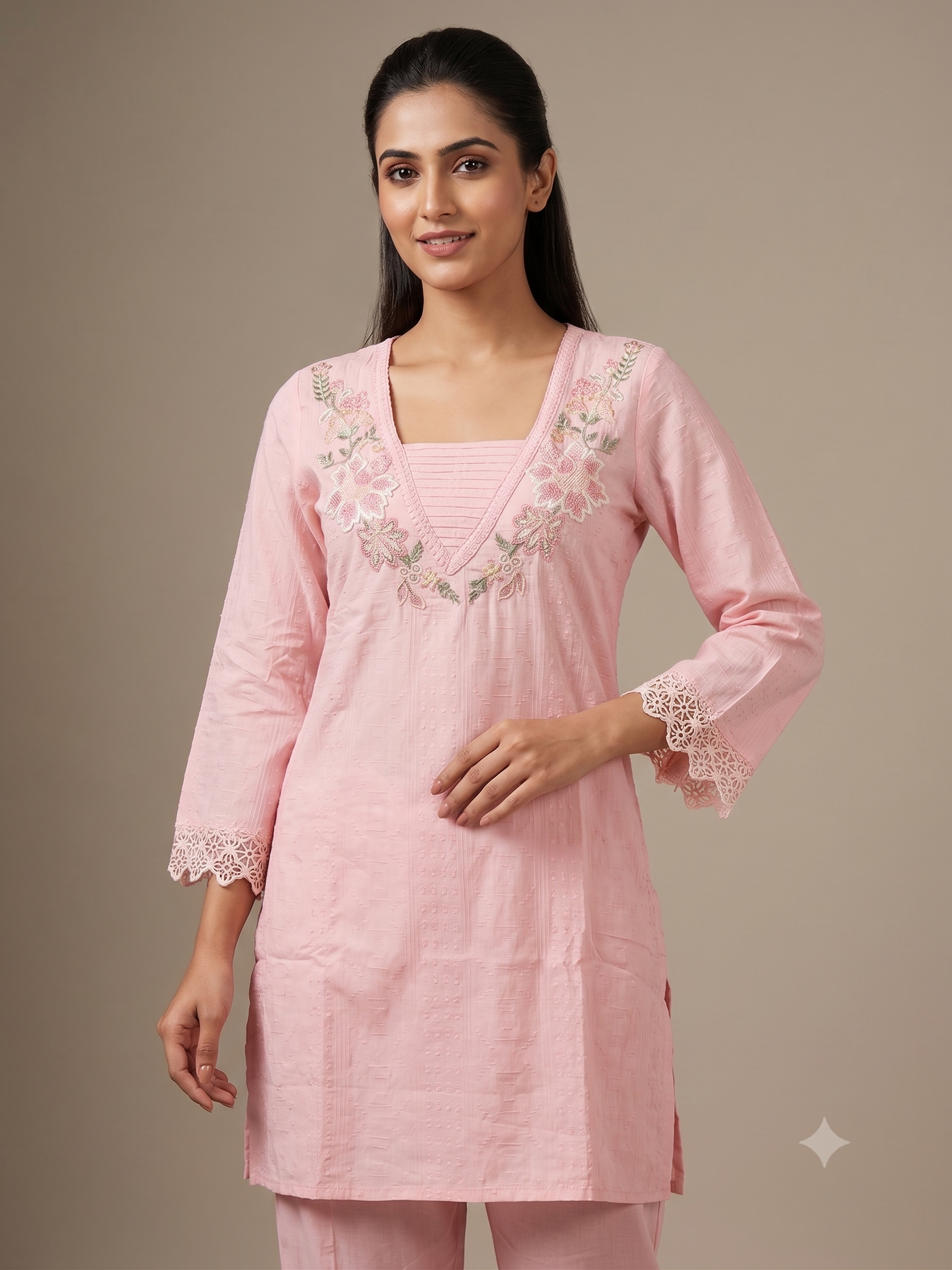Pink Cotton Blend Embroidered Kurta & Trouser Set with Lace Detailing