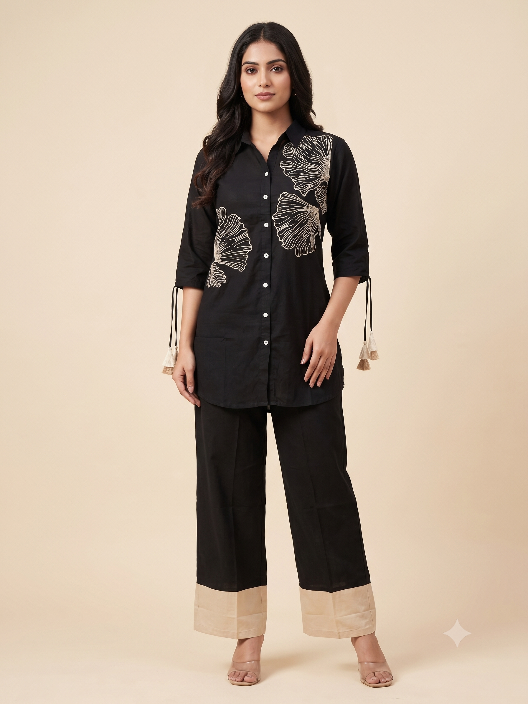 Chic Black Co-ord Set with Golden Floral Embroidery