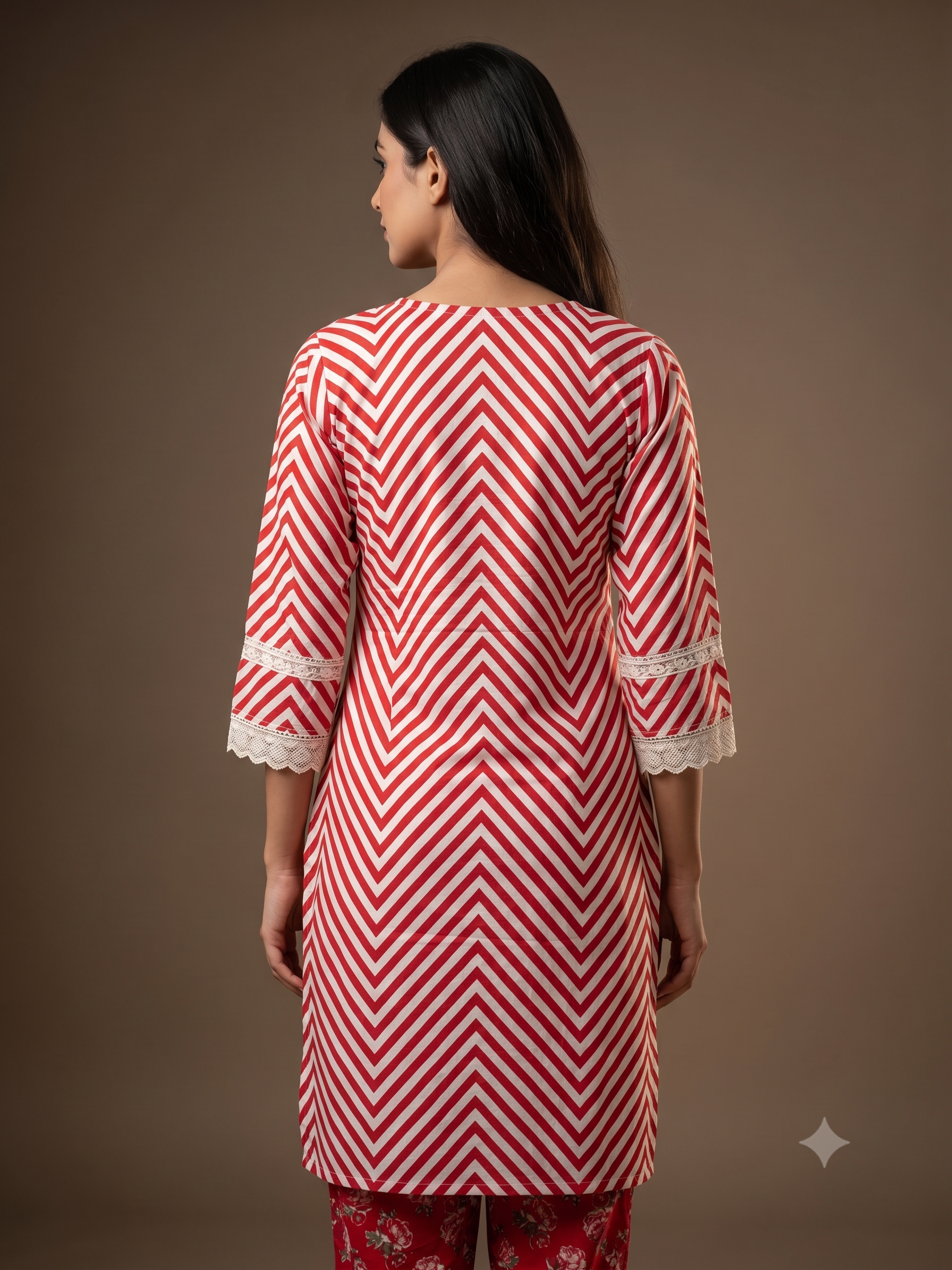 Red & Ivory Chevron Embroidered Kurti Set with Floral Palazzo