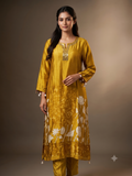Royal Mustard Gold Silk Lotus Print & Sequined Kurta Set