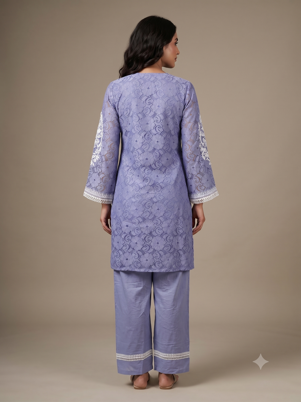 Periwinkle Blue Jacquard Cotton Kurta Set with Lace Detailing