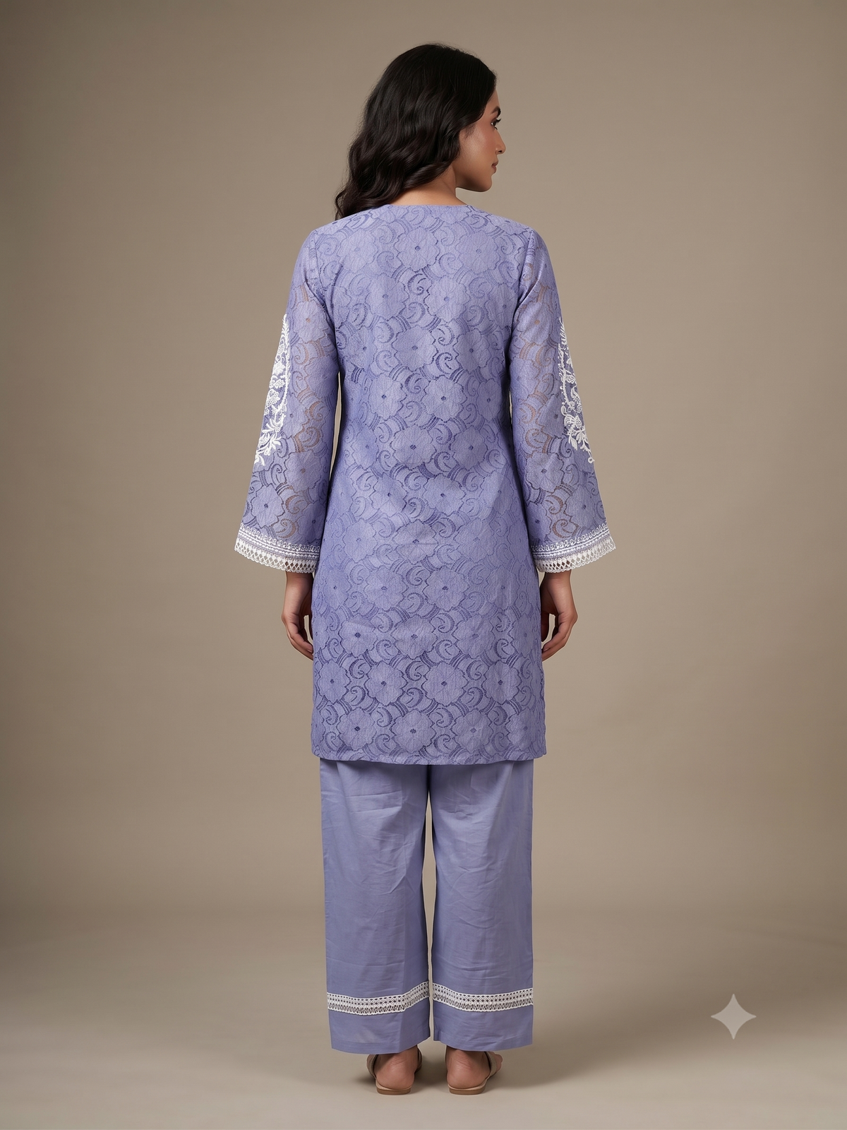 Periwinkle Blue Jacquard Cotton Kurta Set with Lace Detailing