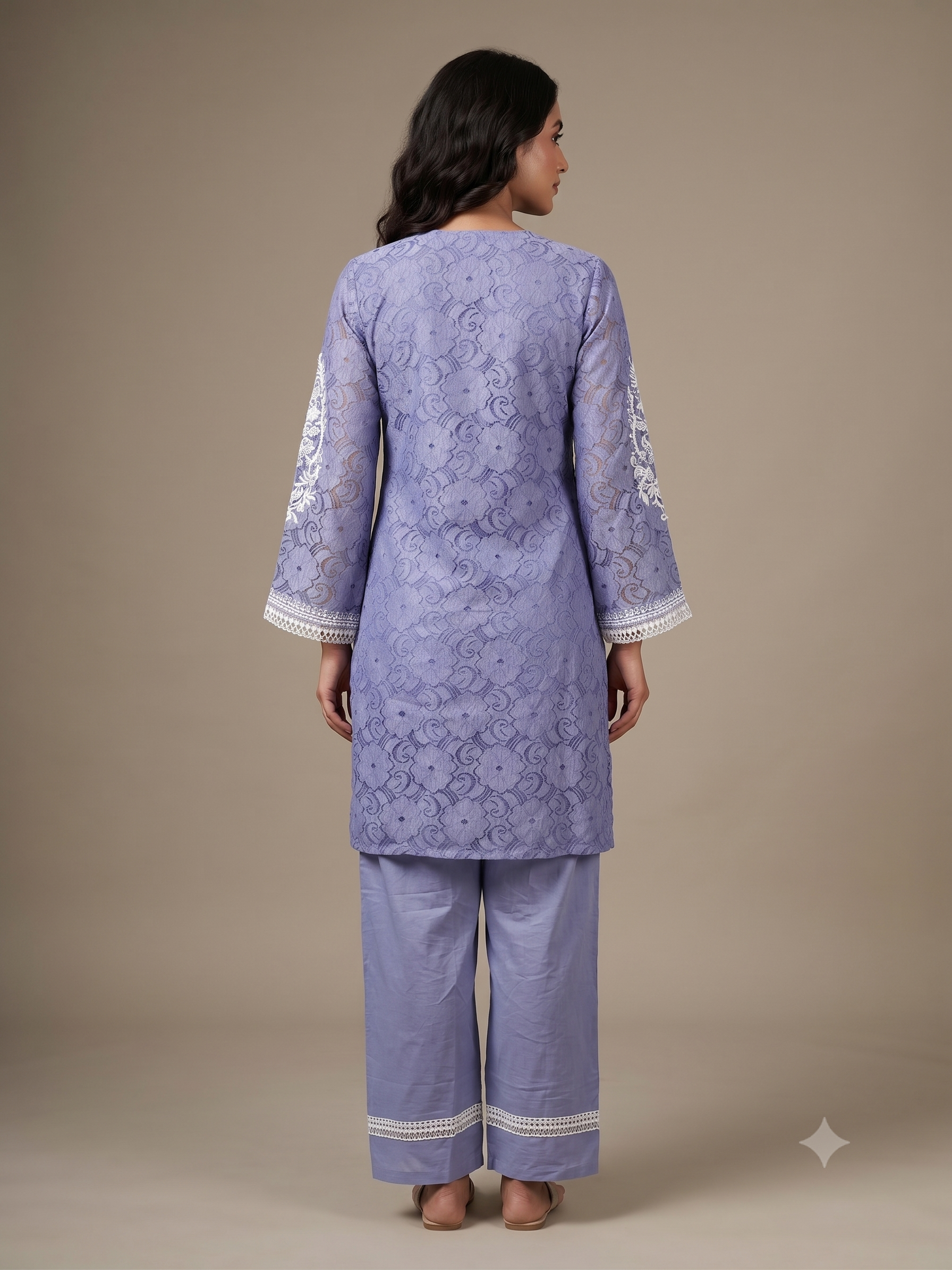 Periwinkle Blue Jacquard Cotton Kurta Set with Lace Detailing