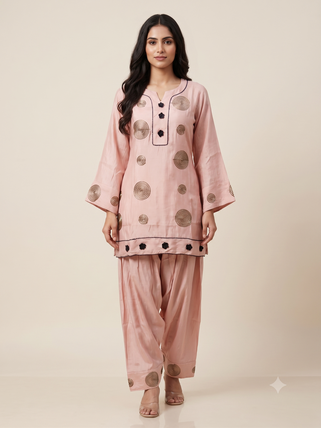 Elegant Cream Cotton Silk Ethnic Co-ord Set with Dark Brown Spiral Embroidery