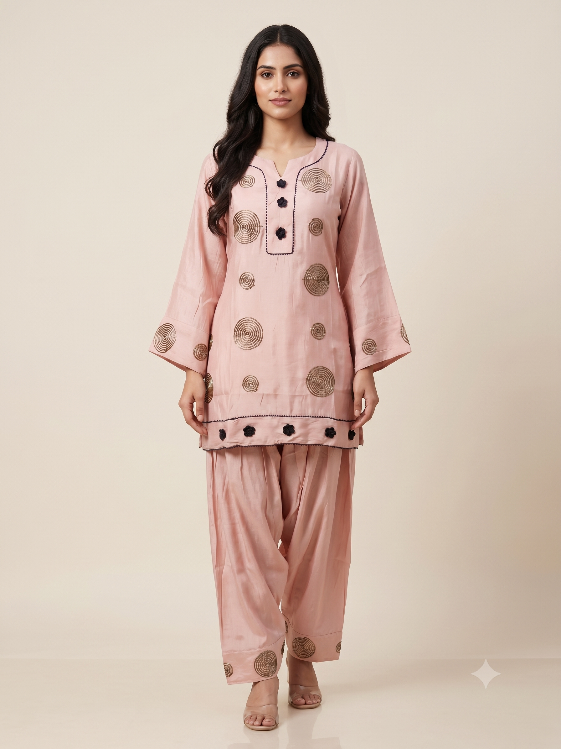 Elegant Rose Pink Co-ord Set with Embroidered Spiral Motifs