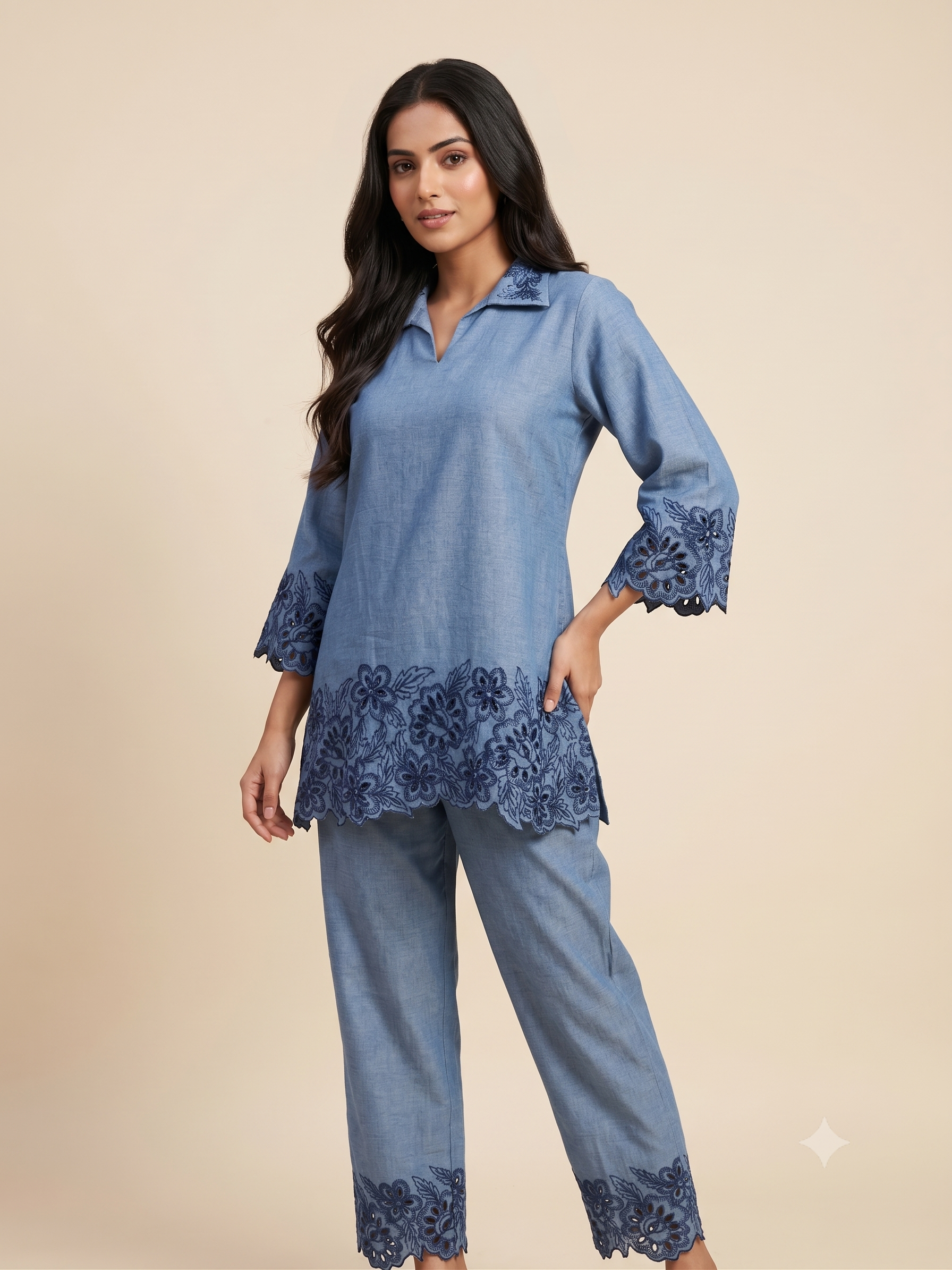 Denim Blue Schiffli Cutwork Co-Ord Set