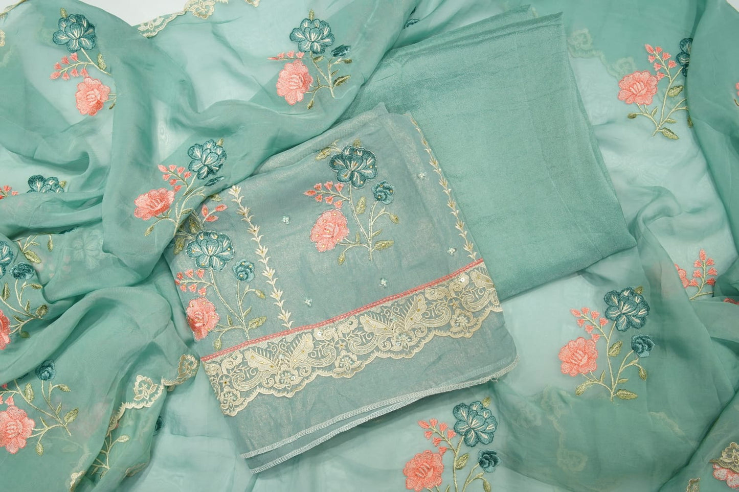 Turquoise Green Organza Threadwork Unstitched Salwar Suit