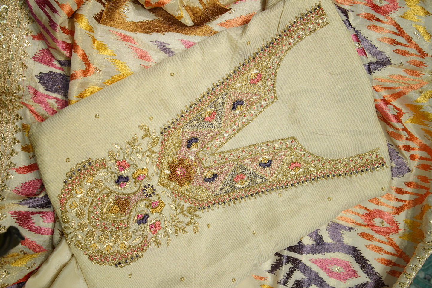 Beige Shimmer Organza Unstitch Salwar Suit