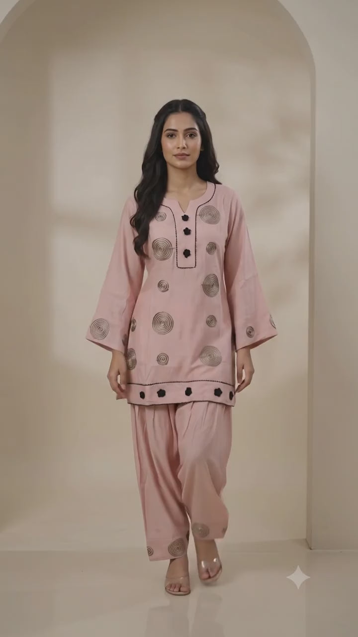 Elegant Rose Pink Co-ord Set with Embroidered Spiral Motifs